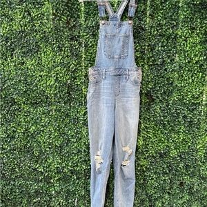 Hollister High-Rise Crop Boyfriend Overalls Denim Distressed Classic Stretch